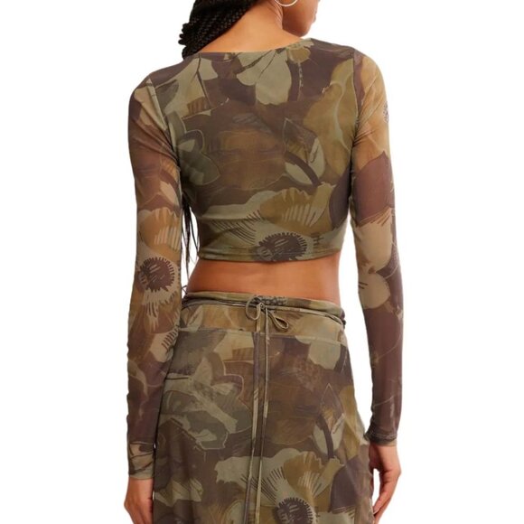 FREE PEOPLE Supernova Long Sleeve Crop Top Size S Stretchy Mesh Floral Moss NEW - Picture 2 of 9